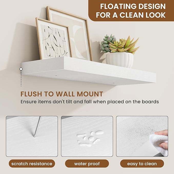 fuqing Floating Shelves for Wall, Wall Mounted Wood Floating Shelf with Invisible Brackets for Living Room, Bathroom, Bedroom, Kitchen Storage and Decor, 20 Inch Set of 2, White