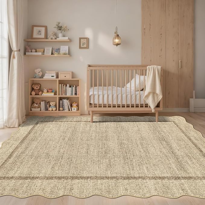 GarveeHome Scalloped 3x5 Area Rug Washable Rug for Entryway, Super Soft Entryway Rug Non-Slip, Printed Faux Wool Floral 3x5 Area Rug Thin Floor Carpet for Kitchen, Bedroom, Office, Living Room