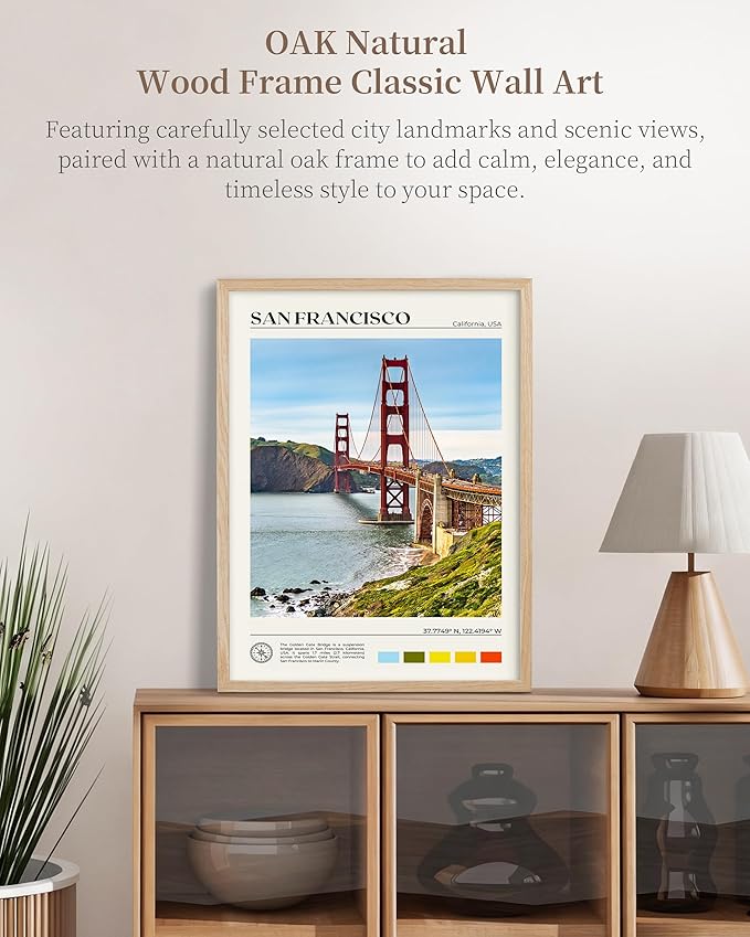 HesenDot Natural OAK Wood Golden Gate Bridge Framed Wall Art,12x16in San Francisco City Skyline Canvas Wall Print,Modern Urban Landmark Wall Decor for Living Room,Bedroom,Office Gallery Gifts Set of 1
