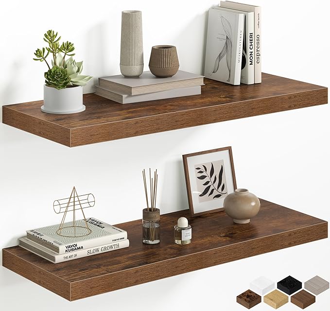 Fun Memories Floating Shelves - 2 Pack 30 Inch Long Rustic Wooden Wall Shelves - 12 Inch Deep Wall Mounted Storage Shelf with Invisible Heavy-Duty Brackets for Books, Bathroom, Kitchen, Brown