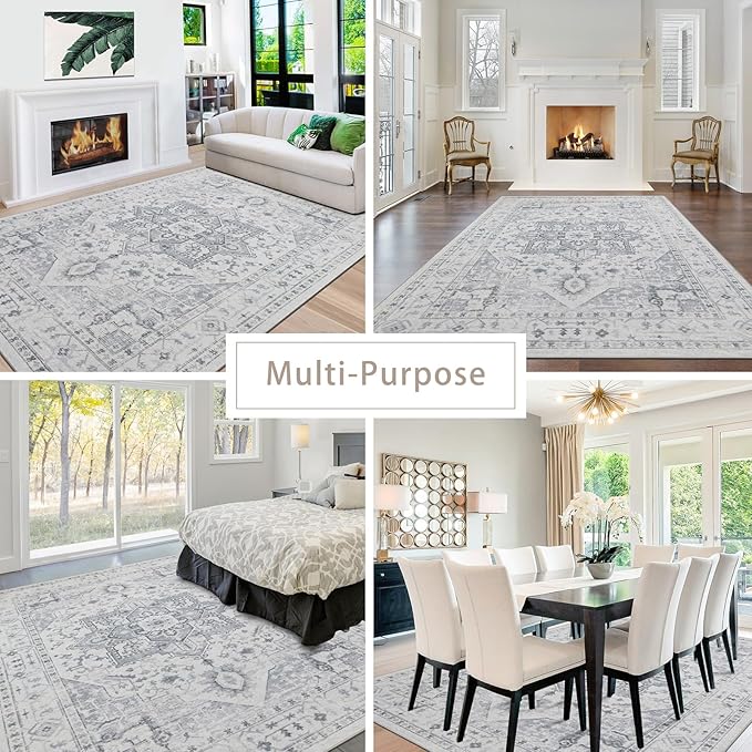 Srugn Area Rug 8x10 Washable Area Rugs for Living Room- Ultra Soft Non-Shedding Faux Wool Bedroom Rug Large Grey Vintage Print Rugs with Non Slip Rubber- Indoor Retro Foldable Carpet for Dining Room