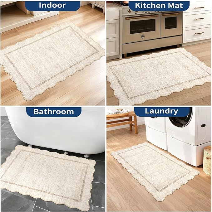 GarveeHome Scalloped Washable Rug, 2x3 Kitchen Rugs for Entryway Bathroom, Soft Door Mat Indoor Entrance Ultra-Thin, Small Non-Slip Throw Carpet for Bedroom Entry Laundry, Beige