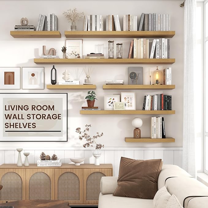 Venusmiles Floating Shelves for Wall, Engineered Wood Wall Shelves with Invisible Brackets for Living Room Bedroom Bathroom Office Kitchen Decor and Storage (Oak, 24" W x 9" D x 1.5" H) Set of 2