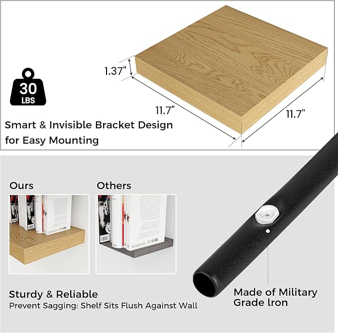 Square Floating Shelves for Wall 12"W x 12"D x 1.4"H, Small Engineered Wood Wall Shelves with Invisible Brackets for Living Room Bedroom Bathroom Office Kitchen Storage Decor, Oak Finish, Set of 3