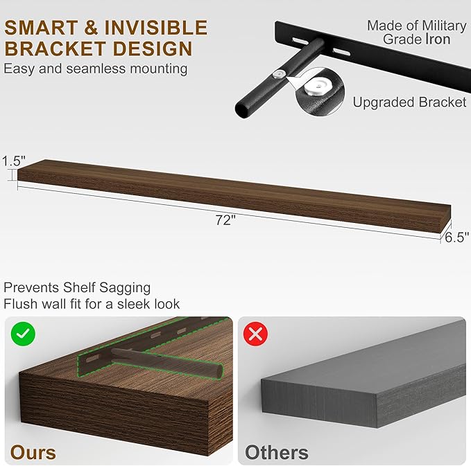 Fun Memories 72 Inch Floating Shelves, Wall Mounted Rustic Wood Floating Shelf with Invisible Brackets for Storage & Decor, 2 Pack Shelves for Bathroom,Bedroom and Kitchen, Walnut
