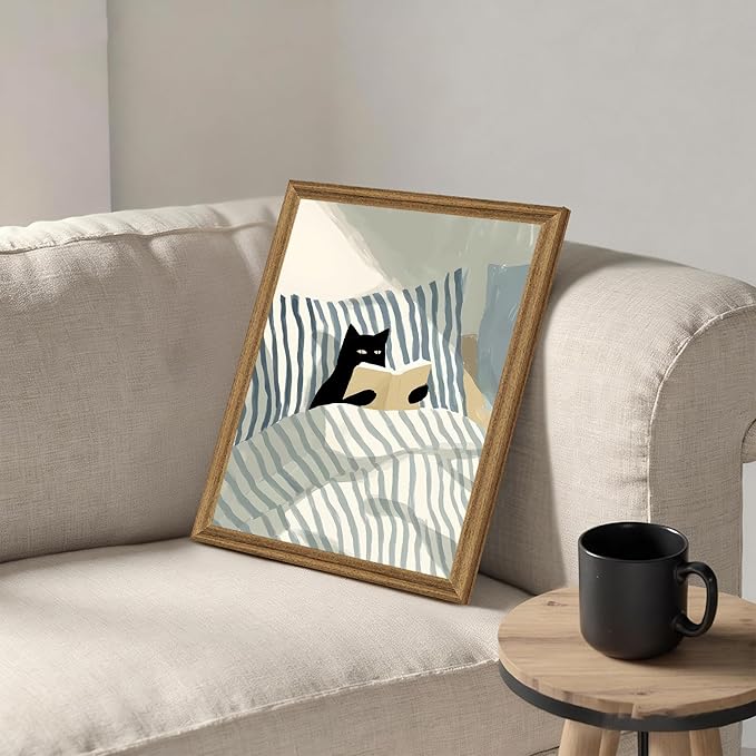 Fantasy Artists Reading Black Cat on Bed Wood Framed Wall Art, Easy to Hang Fade Resistant Art Prints, Perfect for Bedroom Living Room Bathroom Home Office Wall Decor, 12x16 Inches