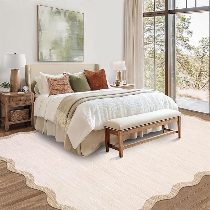 GarveeHome Scalloped Washable Rug 9x12 Area Rug for Bedroom Modern Living Room Rug Farmhouse Non Slip Large Area Rug Soft Throw Rugs Stain Resistant Carpet for Dining Room Nursery Beige 9 ft x12 ft