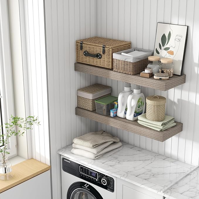 FLYJOE Deep Floating Shelves | 36 Inch Grey Floating Shelves Set of 2 | 12 Inch Deep Rustic Wood Shelves for Wall | 36" W x 12" D Grey Shelves for Living Room Bathroom Laundry Room Kitchen