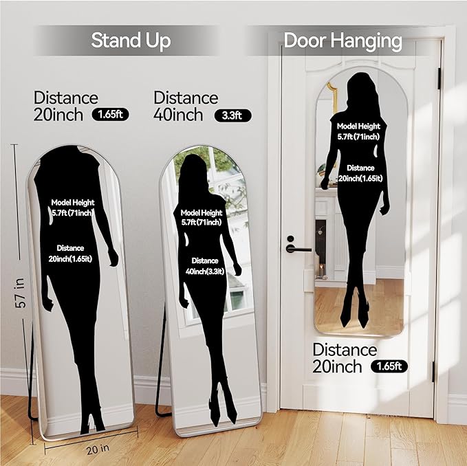 SCWF-GZ 57x20 Door Hanging Full Length Mirror, Floor (Height 5.7ft just Body in1.3ft) Wall Mounted Metal Frame Arch Dressing Mirrors for Bedroom Bathroom Living Room 57 inch Silver