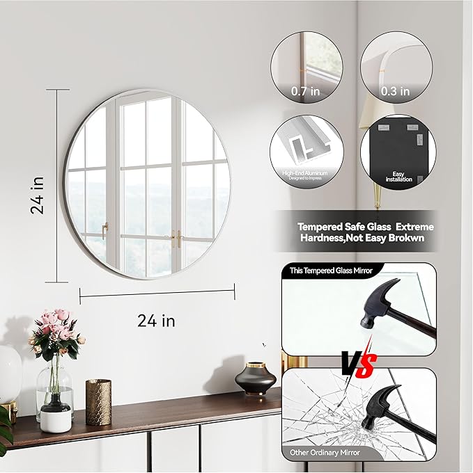 SCWF-GZ 24" Round Mirror Circle Wall Mounted Hanging or Against Wall Aluminum Alloy Metal Frame Dressing Make-up Mirrors for Entryway Bedroom Bathroom Living Room 24 inch Silver