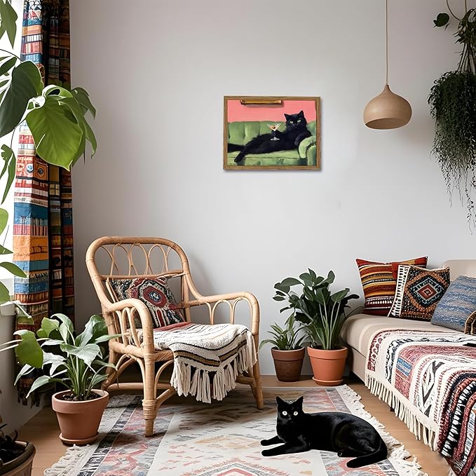 Funny Black Cat Martini Wall Art, Bar Cart Decor, Eclectic Cocktail Painting Canvas Print, Cute Animal Artwork Picture for Bedroom Living Room Kitchen 12x16 inch Wood Framed