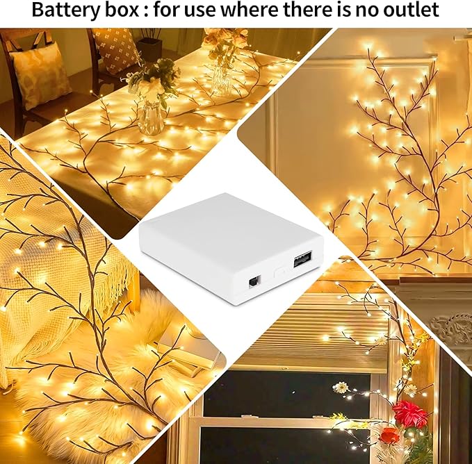 FNHMSL Enchanted Willow Vine Lights 7.55FT 144LED 1 PCS Brown Tree Branch Lights for Wall, Remote Timer,8 Light Model,Bedroom Wall Doors Wedding, Christmas, USB Battery Box