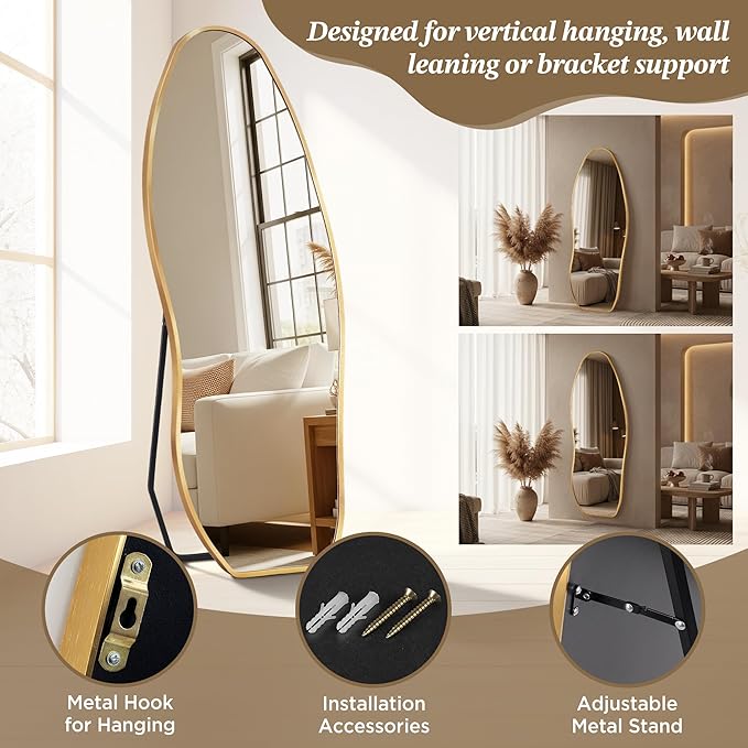 Dorlicecass Mirror Full Length - Irregular Full Body Mirror Standing or Leaning or Wall Hanging 63"x 24" Asymmetrical Aviation Aluminum Alloy Frame Unique for Bedroom, Living Room, Cloakroom, Entryway