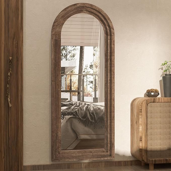 CASSILANDO Arched Full Length Mirror with Solid Wood Frame 65x24 Inch Wall Mounted Floor Mirror, Vertical Hanging Leaning Standing Mirror for Living Room, Bedroom, Entryway, Brown