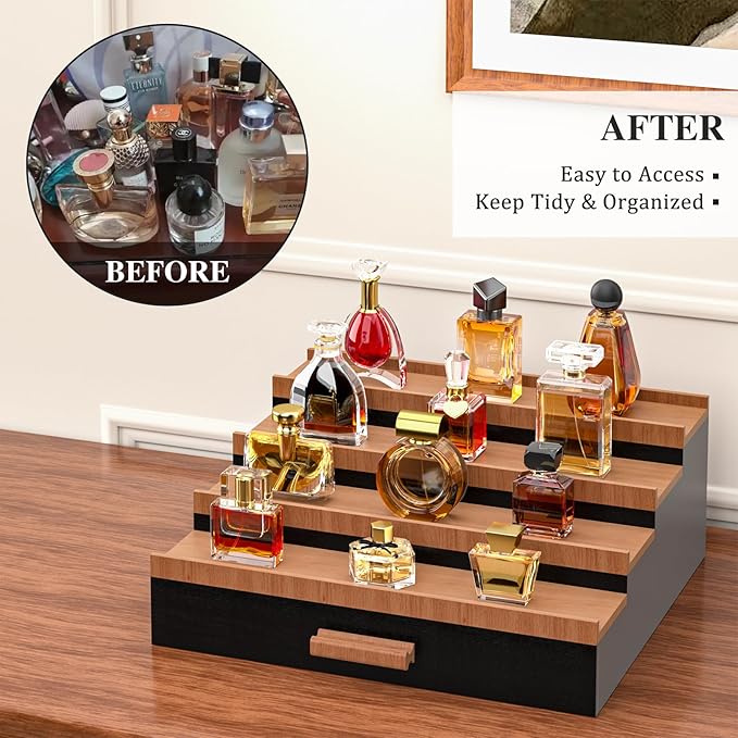 Vdamu Cologne Organizer for Men,4 Tier of Elevated Cologne Display Stand with Drawer Storage,Wood Cologne Display,Perfume Organizer and Storage Display Risers,Great Gift for Men (Black Walnut)