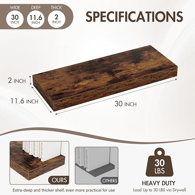 Acovy 30 Inch Floating Shelves, 12" Deep Floating Shelf Wall Mounted, 30" Wall Shelves, Rustic Deep Bookshelf, Extra Deeper & Thicker Display Shelves for Bedroom, Living Room, Brown, Set of 2