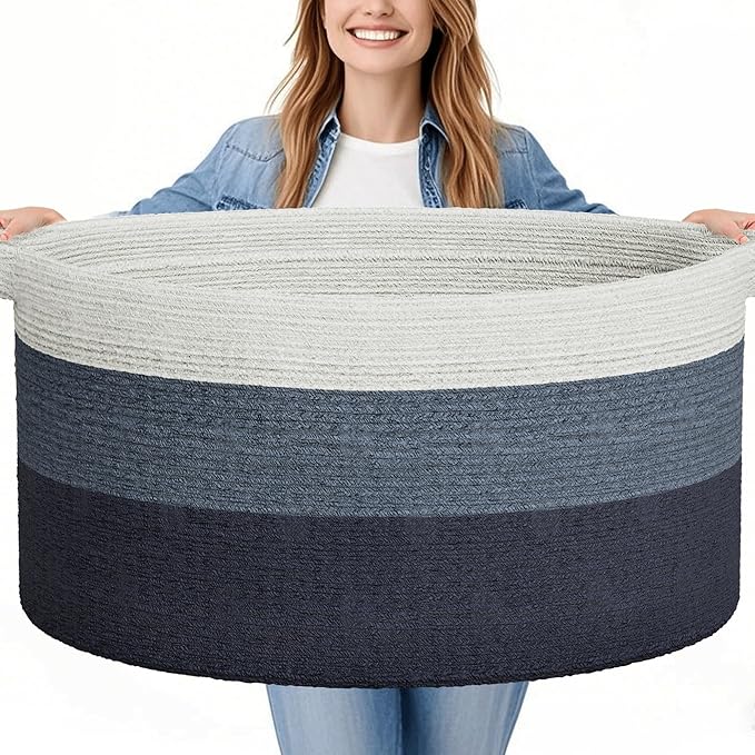 125L Extra Large Blanket Basket, 25" x 16", Jumbo Laundry Woven Basket Decorative Home, Cotton Rope Basket with Handles, Baby Toy Basket for Storage, Gradual blue