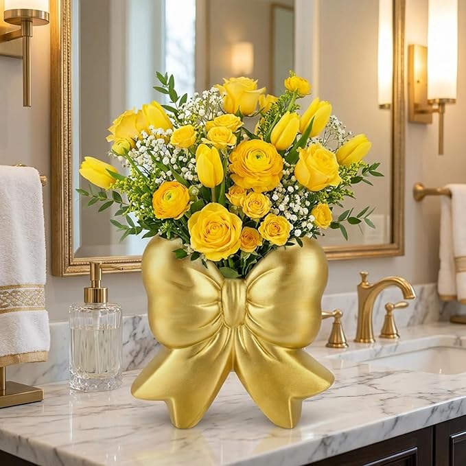 Jingmore Gold Bow Vase Coquette Ceramic Vase Pen Holder Makeup Brush Holder Contemporary Design Women Decorative Gift for Wedding Home Office Shelf Table Room(Small, Classic)
