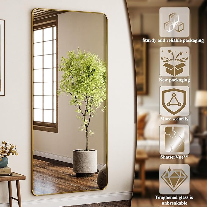 BEAUTYPEAK Gold Full Length Mirror, 76"x34" Rounded Corner Floor Mirror Standing Hanging or Leaning Against Wall, Suitable for Bedroom or Dressing Room
