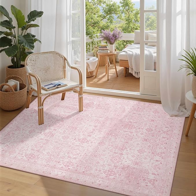 Rugxara 3x5 Rug for Entryway Bedroom, Pink 3x5 Washable Area Rug, Vintage Retro Boho Throw Rug, Non Slip & Low Pile Small Carpet for Indoor Entry, Kitchen, Bedside, Living Room, Bathroom and Dining