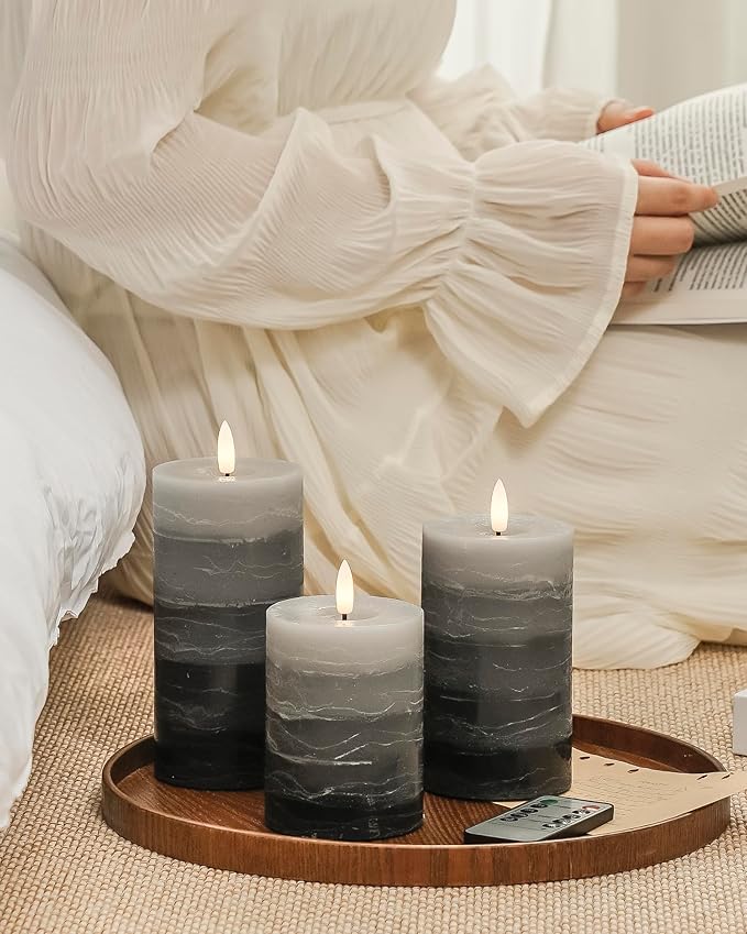 Stmarry Distressed Gradient Gray Flameless Candles with Remote and Timer, Real Wax Made LED Pillar Candles Battery Operated with 3D Flickering Flame - 3" x 4",5",6" - Set of 3