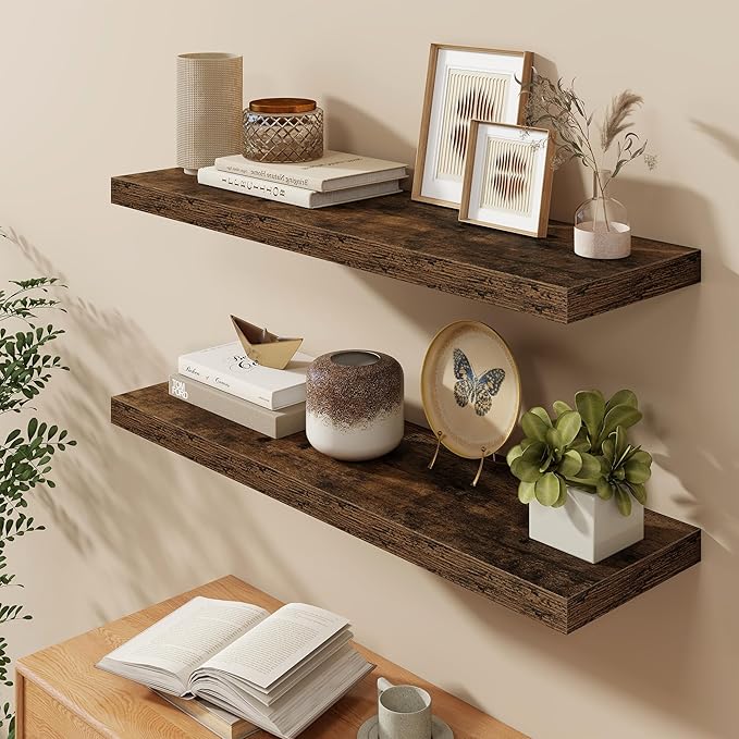 Fun Memories 40" W x 9.3" D Floating Shelves for Wall, Deep Long Floating Shelf for Home Bathroom, Bedroom, Living Room, Rustic Wood Wall Mounted Shelves for Books Decor, Rustic Brown