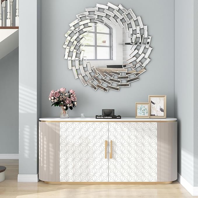 SHYFOY 31.5'' Round Mirror Wall Decor Beveled Decorative Wall Mirrors Silver Hanging Mirror for Living Room Bedroom Entryway Large Modern Accent Mirrors
