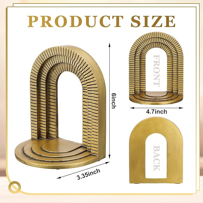 Kathfly Vintage Gold Brick Arch Bookends Resin Book Ends for Shelves Heavy Duty Decorative Bookends, Cute Book Stopper Holder Decor for Desk Home Office, Shelf Decoration