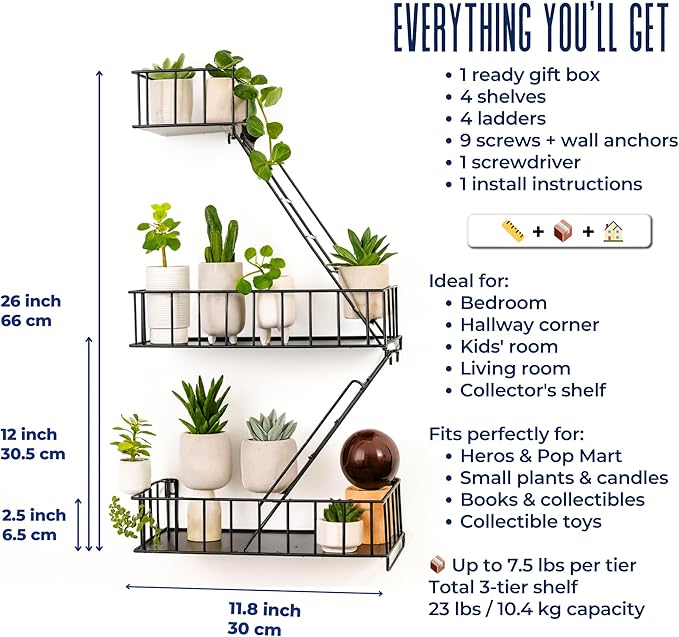 Fire Escape Wall Shelf – New York Decorative Floating Shelf – Wall Art Ladder Shelf – Black Metal Trinket Shelves for Bedroom, Home, Office, Storage and Display (2.5-Tier)