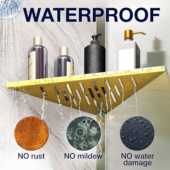 Corner Shower Shelf for Inside Shower - Adhesive/Stick/Drill/No Drill - Floating Strong 14" Gold Corner Shower Shelves for Bathroom, Tiled Wall, Caddy Organizer, Kitchen, Shower