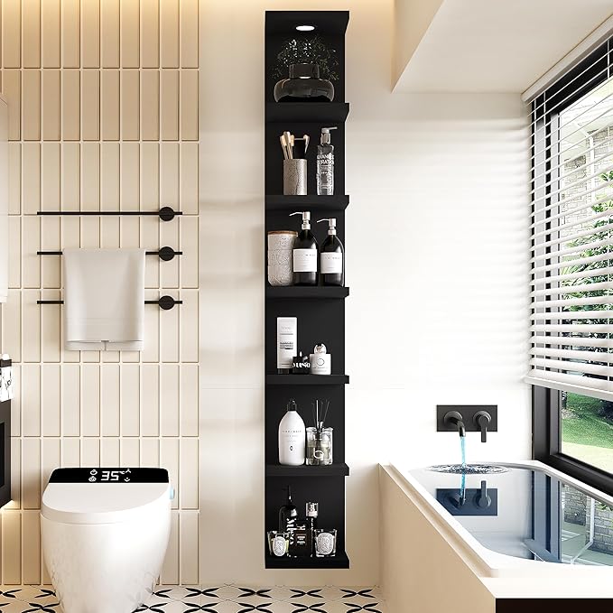 LitaEther Versatile 7 Tier Wall Shelf Unit,Black Lack Wall Shelf,Display Floating Shelf with LED Remote Control Light