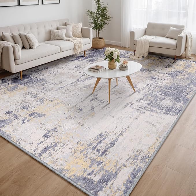 RELEANY Washable Area Rugs 8'x10' Non-Slip Modern Abstract Soft for Living Room Entryway Bedroom Nursery, Print Pattern, Purple Grey Cream Yellow