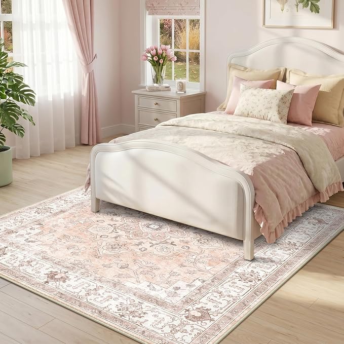 CAPALOCA Machine Washable Rugs Nursery Rug Sq5ft Cute Girl Non Slip Low Pile Water Repellent Soft Print Pattern for Bedroom Indoor Decor Kids Playroom Pink