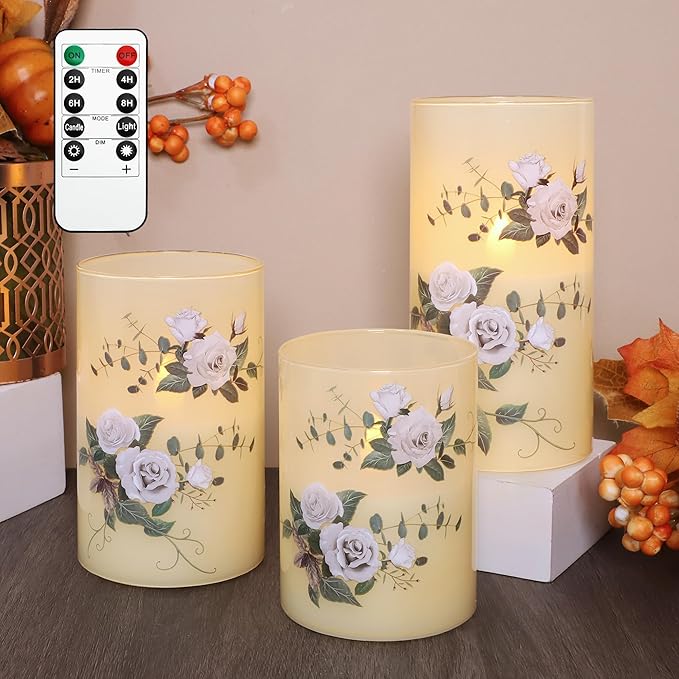 Flameless Candles with Remote & Timer, Love Theme Battery Operated Flickering Glass Rose LED Candles, Bedroom Home Christmas Valentine's Day Decor Table Ornament, Set of 3