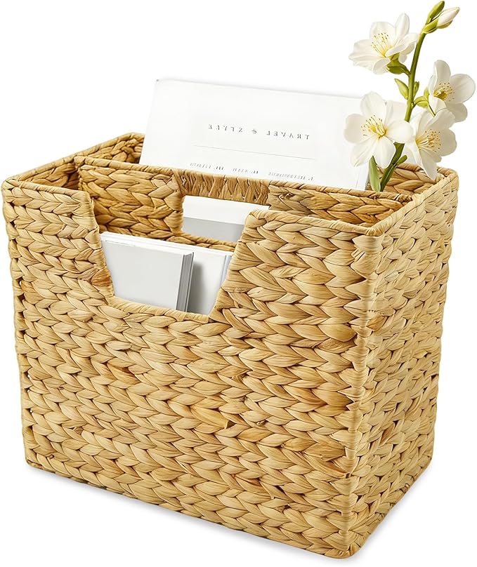 Nexboraque Handwoven Wicker Magazine Basket Decorative Water Hyacinth Storage Bin & Organizer with Handle for Office Living Room Dorm Bathroom