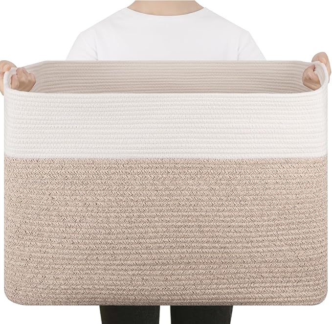 96L XL Large Cotton Rope Basket, Soft Toy Storage Bin for Nursery & Living Room, Decorative Blanket Basket for Bedroom, Baby-Safe Organizer for Pillows &Laundry, 24''×16''×15'', Brown & White