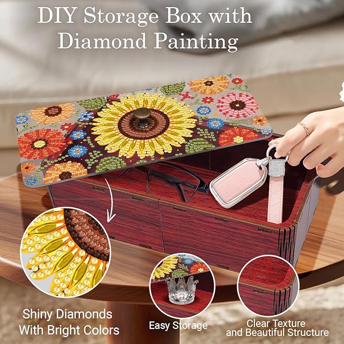 Diamond Art Painting Storage Box Kit, DIY Rectangular Wooden Decorative Container Holder with Lid, Snack Jewelry Gem Art Organizer Case for Adults (Sunflower)