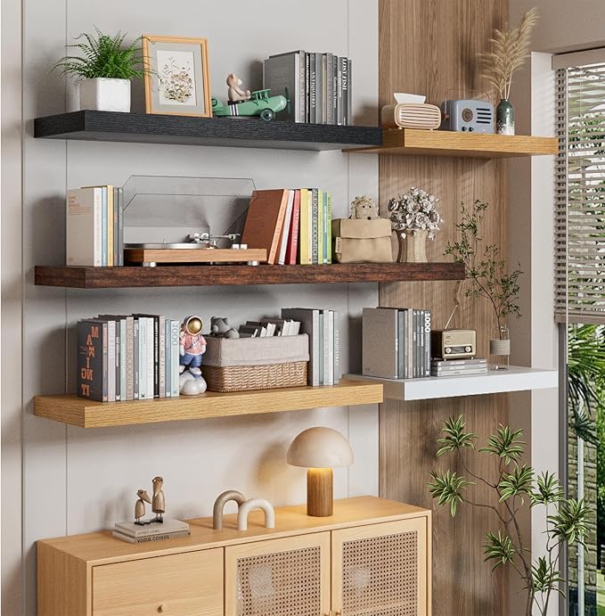 Heimlove 12inch Deep Floating Shelves for Wall, Mounted Shelves 24" W x 12" D x 1.5" H, wall Shelf for Bedroom Living Room Bathroom Kitchen Home Office, Set of 1, Black