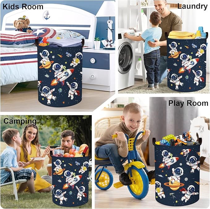Space Rockets Laundry Hamper Cartoon Astronaut Large Storage Basket Planet Collapsible Parents Organizer Boys Clothes Toy Bins for Bedroom, Bathroom, Alien, 63L