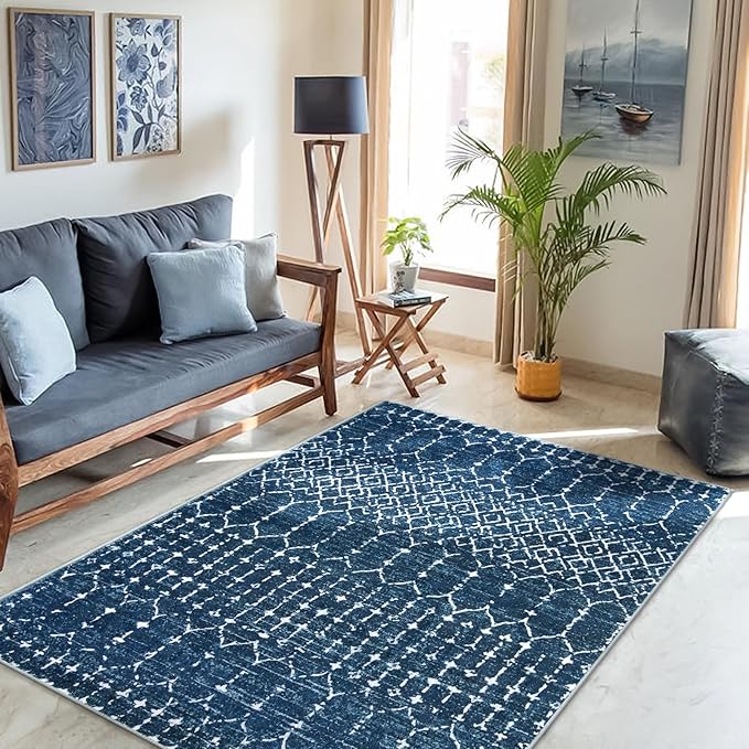 Lahome Moroccan Blue 3x5 Non-Slip Washable Soft Rug for Bedroom Floor Throw, Geometric Print Distressed Indoor Modern Rug for Entryway, Dining Room, Bathroom Hana