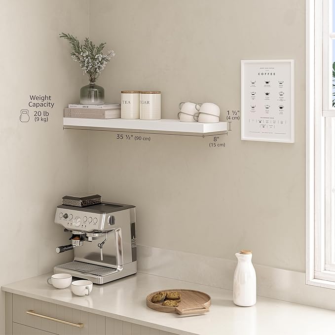 Ballucci Floating Shelf, 36" Wood Wall Shelf with Invisible Brackets for Bathroom, Living Room, Bedroom, Kitchen, Nursery, 8" Deep, White