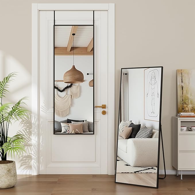 Antok Over The Door Mirror Full Length, 49'' x 14''Wall Mounted Hanging Mirror, Aluminum Alloy Frame, Shatterproof Glass, No Drill Installation for Bedroom, Closet, Bathroom, Dorm, Rect Corner,Black