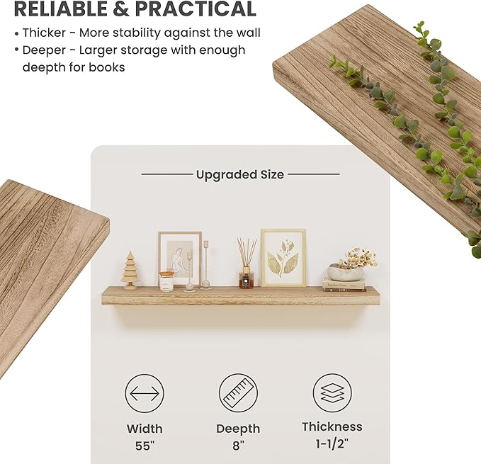 Solid Wood Floating Shelves for Wall 55"W x 8"D x 1.56"H Set of 1, Deep Wall Shelves for Living Room Bedroom Bathroom Kitchen Decor Storage with Invisible Heavy-Duty Metal Bracket, Carbonized Black