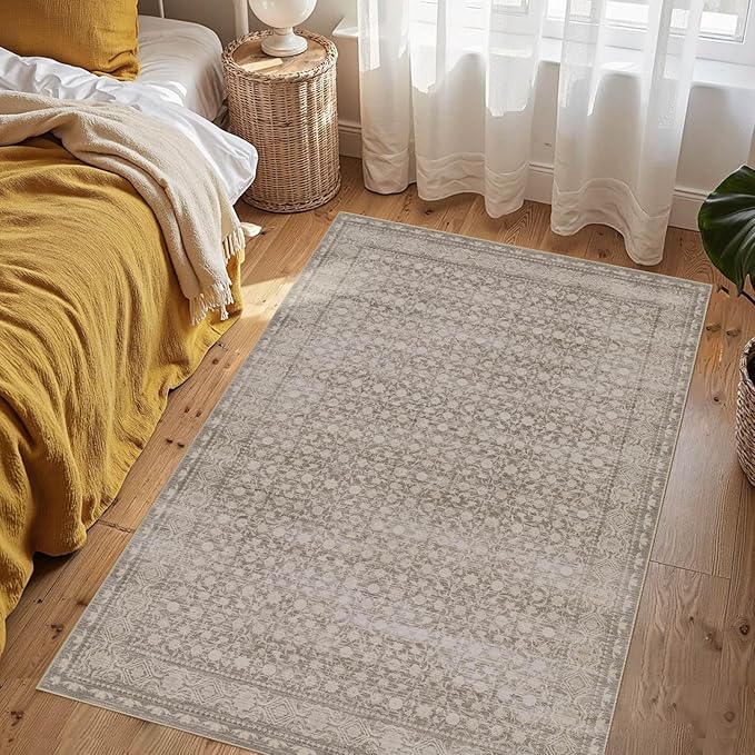 Rugxara 3x5 Washable Entryway Rug, Non Slip Boho Runner Rugs for Hallway, Entrance, Kitchen, Bathroom, Laundry Room, Soft Entryway Carpet, Throw Low Pile Retro Imitation Wool Carpet, Apricot