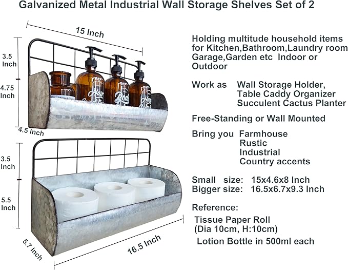 ShabbyDecor Galvanized Metal Farmhouse Wall Storage Holder Rustic Tin Shelves for Kitchen Laundry Room Bathroom Metal Hanging Wire Basket Set of 2