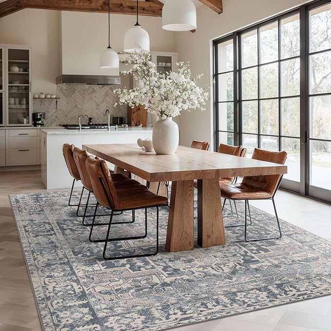 Rugxara 6x9 Area Rugs for Living Room Bedroom, Large Washable Rug, Blue Vintage Floral Boho Style, Non Slip & Low Pile Carpet for Indoor Dining Room, Dorm and Kids Room(Blue 6x9ft)