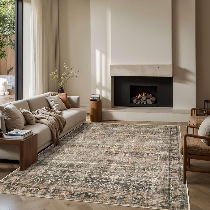 Rugxara 6x9 Area Rugs for Living Room Bedroom, Large Washable Rug, Brown Vintage Retro Boho Rug, Non Slip & Low Pile Faux Wool Thin Carpet for Indoor Dining Room and Kids Room(Charcoal/Olive 6x9ft)