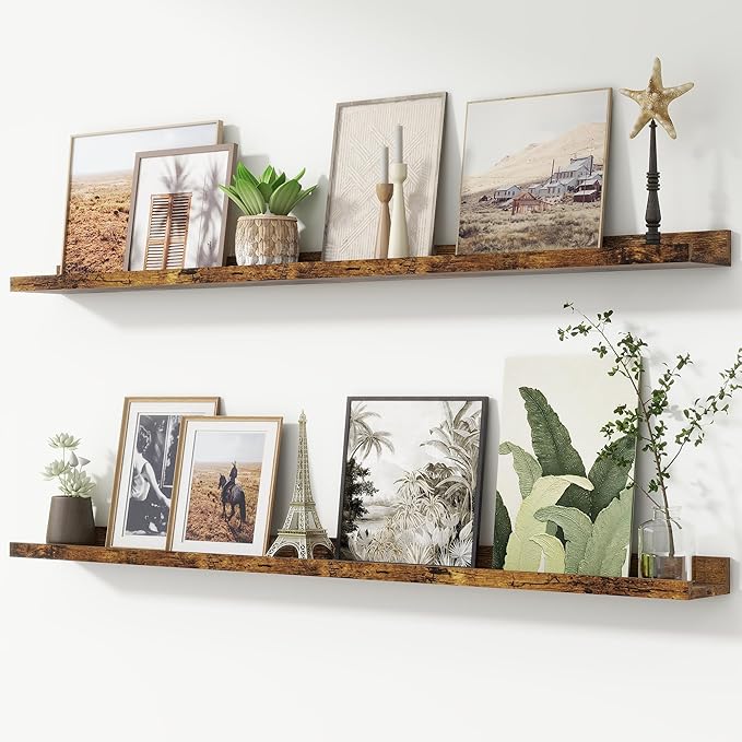 FLYJOE Picture Ledge Shelf, Floating Shelves Set of 2, 52 Inches Nursery Book Shelves for Toys Storage, Kids Bookshelf Wall Mounted for Living Room Bedroom Decor Books Photo Frames, Rustic Brown