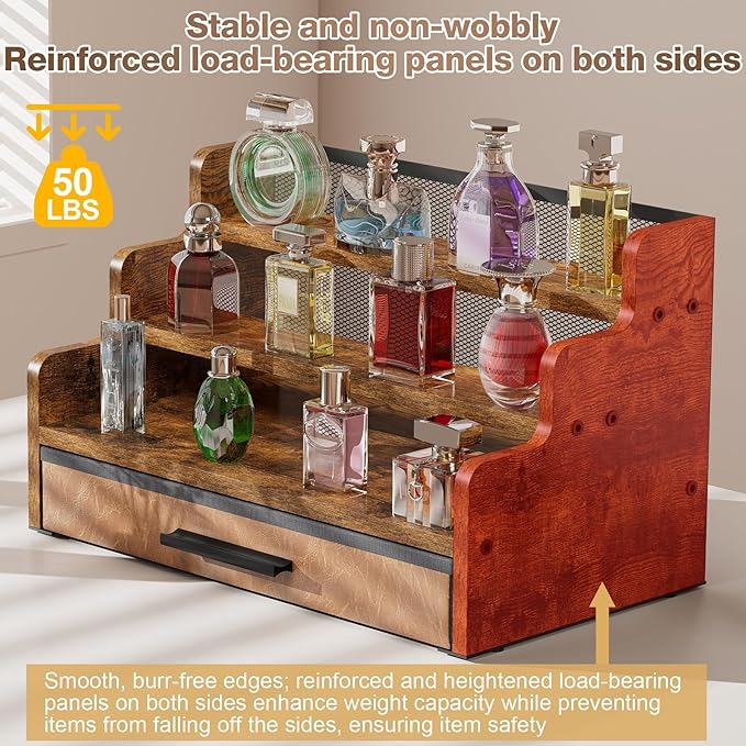 Yuzehuaza 3 Tier Cologne Stand with Drawer, Wooden Cologne Organizer for Men/Women, Retro Perfume Stand Organizers, Display Riser Shelf Holder for Skincare and Makeup Organizers, Rustic Brown