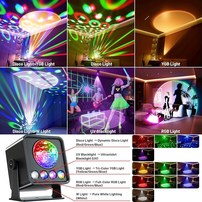 Disco Ball Party Lights Disco Light Sunset Lamp Projector with RGB+UV+White+YGB Sound Activated LED DJ Strobe Stage Light for Home Parties Living Room/Christmas/Halloween/Birthday/Wall/Décor
